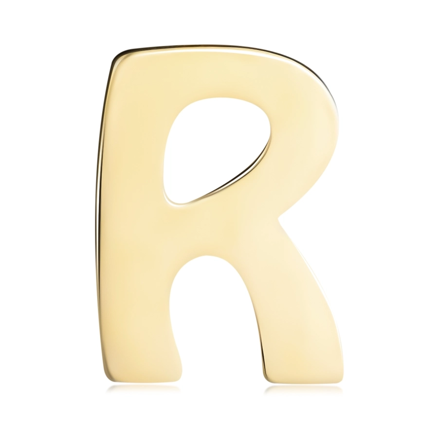 Zlatý 14K prívesok s lesklým a hladkým povrchom, tlačené písmeno R