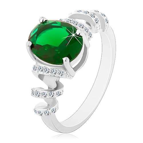 Zásnubný ródiovaný prsteň, striebro 925, oválny zelený zirkón, ligotavé špirály - Veľkosť: 51 mm