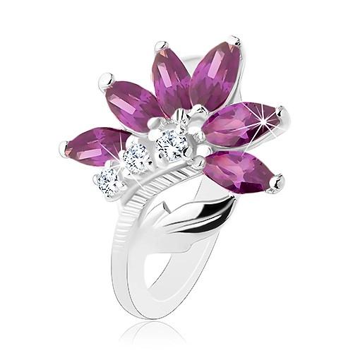 Ligotavý prsteň v striebornej farbe, tmavofialový kvet, lesklý list - Veľkosť: 49 mm