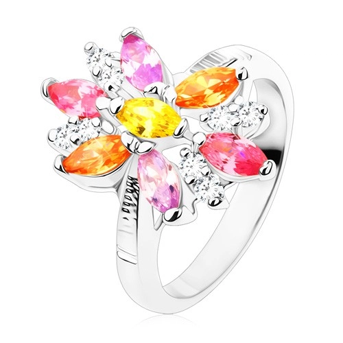 Prsteň v striebornom odtieni, veľký kvet s farebnými a čírymi lupeňmi - Veľkosť: 52 mm