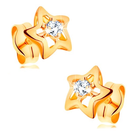 Zlaté 14K náušnice - ligotavé hviezdičky s čírym zirkónom v strede