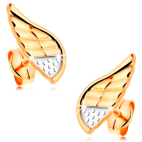 Náušnice v kombinovanom 14K zlate - ligotavé anjelské krídlo s bodkami a zárezmi