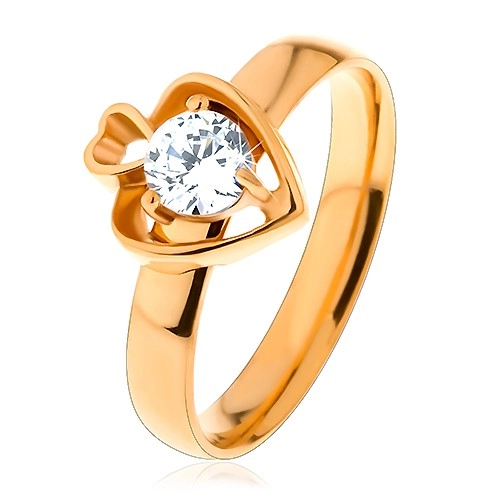 Oceľový prsteň zlatej farby, dva obrysy sŕdc a okrúhly číry zirkón - Veľkosť: 57 mm