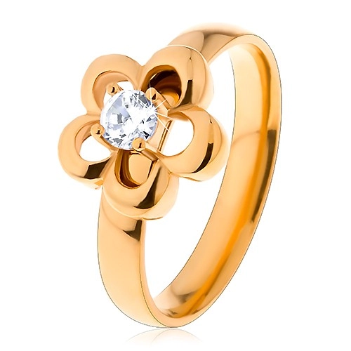 Oceľový prsteň v zlatom odtieni, kvietok, vyvýšený okrúhly zirkón čírej farby - Veľkosť: 60 mm