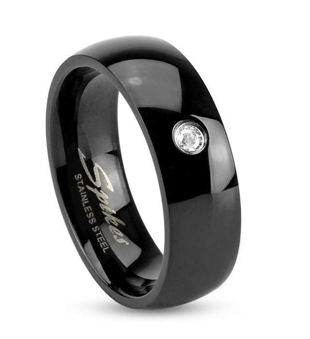 Čierny oceľový prsteň, lesklé zaoblené ramená, číry zirkónik, 6 mm - Veľkosť: 62 mm