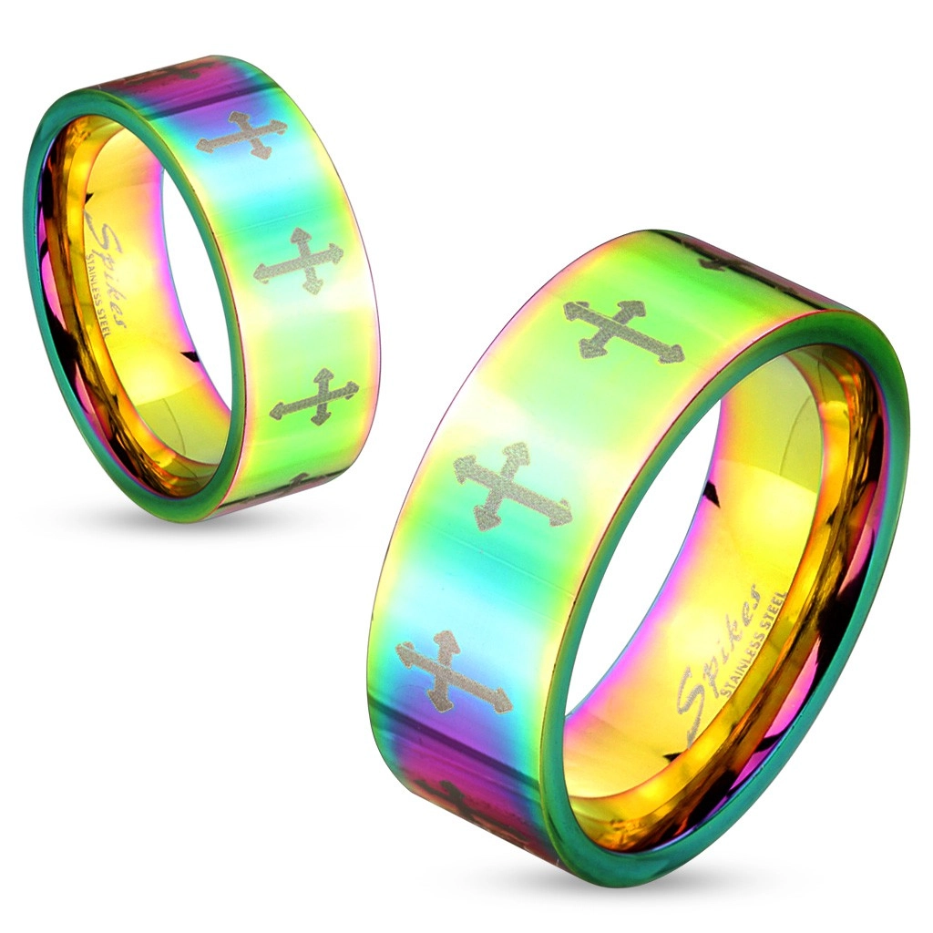 Farebný oceľový prsteň s lesklým povrchom a krížikmi striebornej farby, 6 mm - Veľkosť: 55 mm