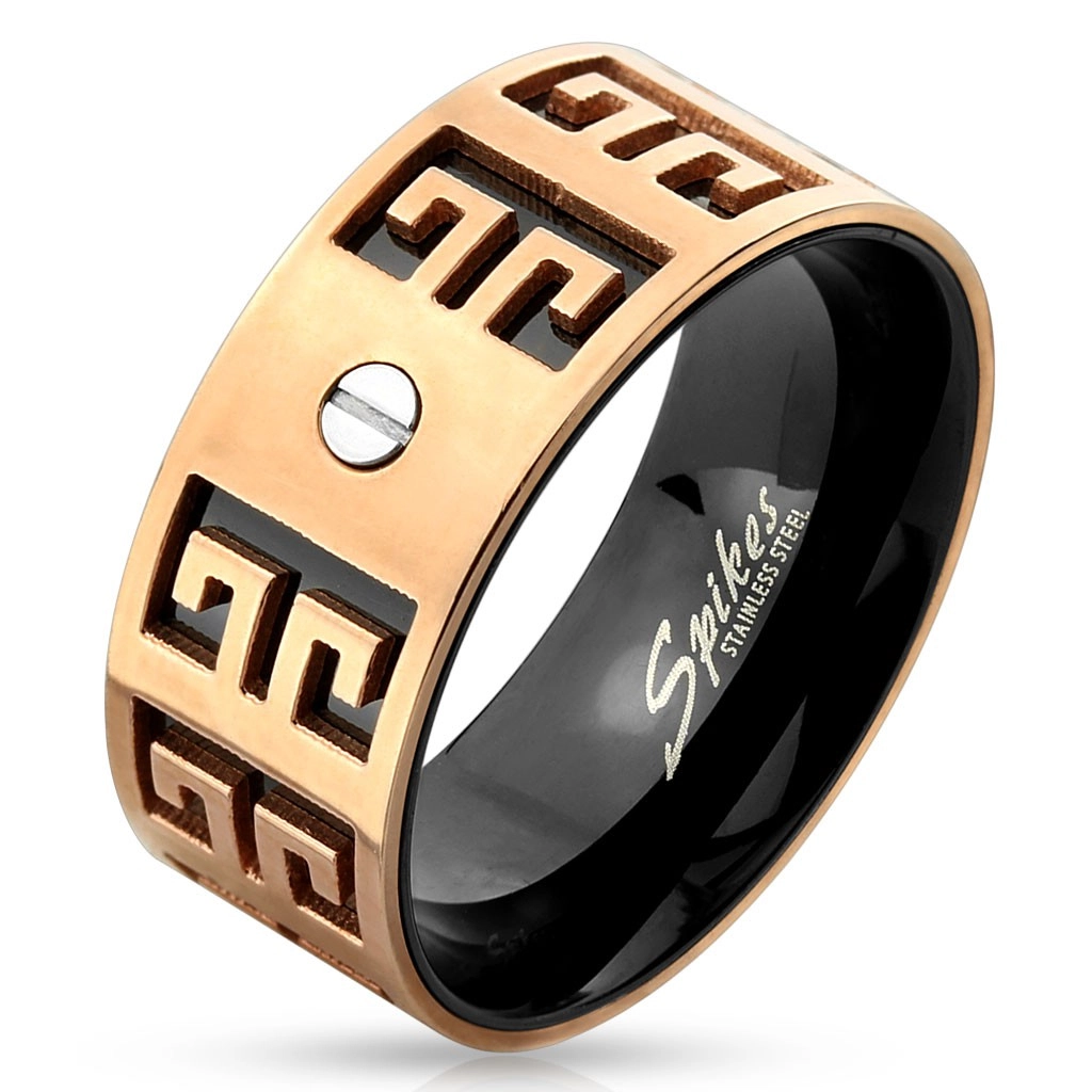 Oceľový prsteň - medeno-čierna kombinácia, vyryté symboly, malá skrutka, 9 mm - Veľkosť: 70 mm