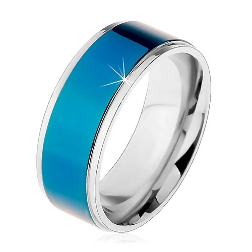 Oceľový prsteň, tmavomodrý pruh, lemy striebornej farby, vysoký lesk, 8 mm - Veľkosť: 60 mm