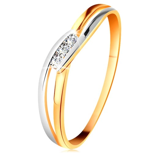 Diamantový prsteň zo 14K zlata, tri číre brilianty, rozdelené zvlnené ramená - Veľkosť: 62 mm