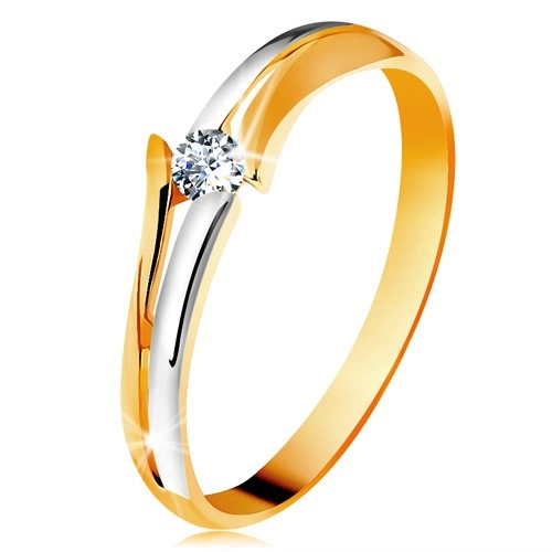 Diamantový zlatý prsteň 585, žiarivý číry briliant, rozdelené dvojfarebné ramená - Veľkosť: 60 mm