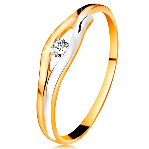 Briliantový prsteň v 14K zlate - diamant v úzkom výreze, dvojfarebné línie - Veľkosť: 52 mm