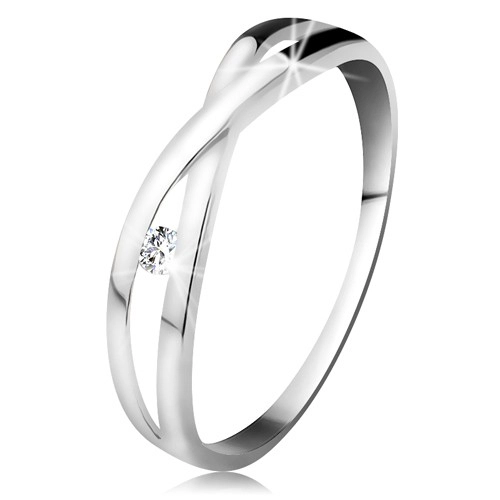 Prsteň v bielom zlate 585 - okrúhly diamant čírej farby, rozdelené prekrížené ramená - Veľkosť: 58 mm