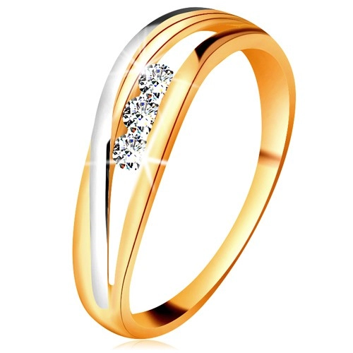 Briliantový prsteň zo 14K zlata, zvlnené dvojfarebné línie ramien, tri číre diamanty - Veľkosť: 51 mm