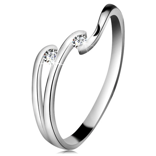 Diamantový prsteň z bieleho 14K zlata - dva ligotavé číre brilianty, lesklé línie ramien - Veľkosť: 59 mm