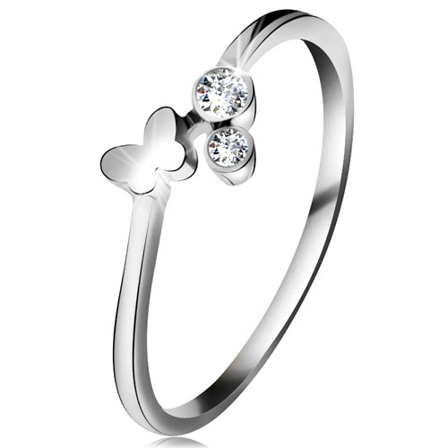 Diamantový prsteň z bieleho 14K zlata - dva číre brilianty, lesklý motýlik - Veľkosť: 59 mm