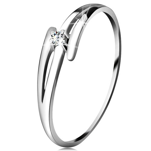 Briliantový prsteň z bieleho 14K zlata - rozdelené zvlnené ramená, číry diamant - Veľkosť: 58 mm