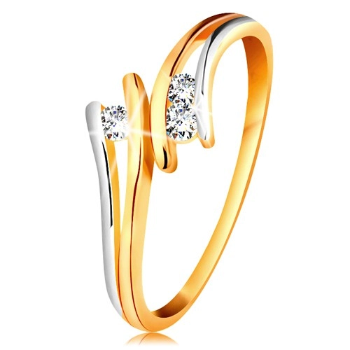 Diamantový zlatý prsteň 585, tri žiarivé číre brilianty, rozdelené dvojfarebné ramená - Veľkosť: 53 mm