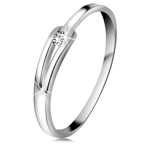 Briliantový prsteň z bieleho 14K zlata - ligotavý číry diamant, úzke rozdelené ramená - Veľkosť: 60 mm