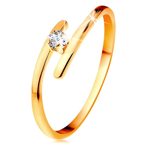Diamantový prsteň v žltom 14K zlate - žiarivý číry briliant, tenké predĺžené ramená - Veľkosť: 50 mm