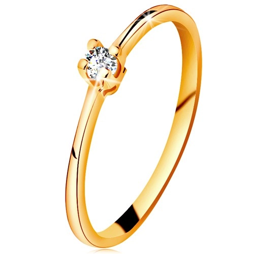 Zlatý prsteň 585 - ligotavý číry briliant v štvorcípom kotlíku, zúžené ramená - Veľkosť: 52 mm