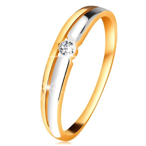 Briliantový prsteň zo 14K zlata - číry diamant v okrúhlej objímke, dvojfarebné línie - Veľkosť: 60 mm