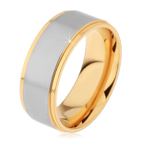 Dvojfarebný prsteň z chirurgickej ocele, vyvýšený matný pás striebornej farby - Veľkosť: 62 mm