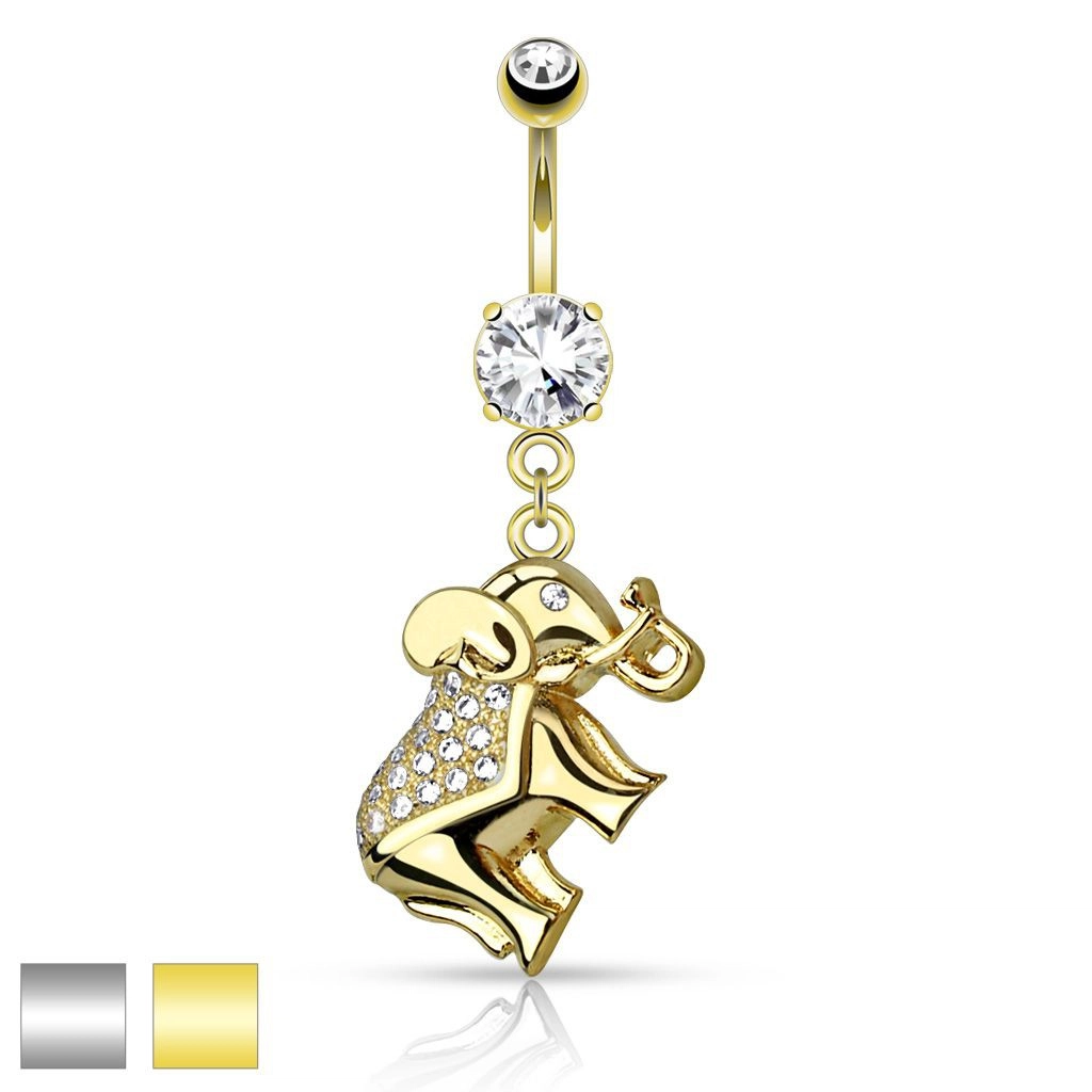 Piercing do brucha z chirurgickej ocele, ligotavý sloník zdobený zirkónmi - Farba piercing: Zlatá