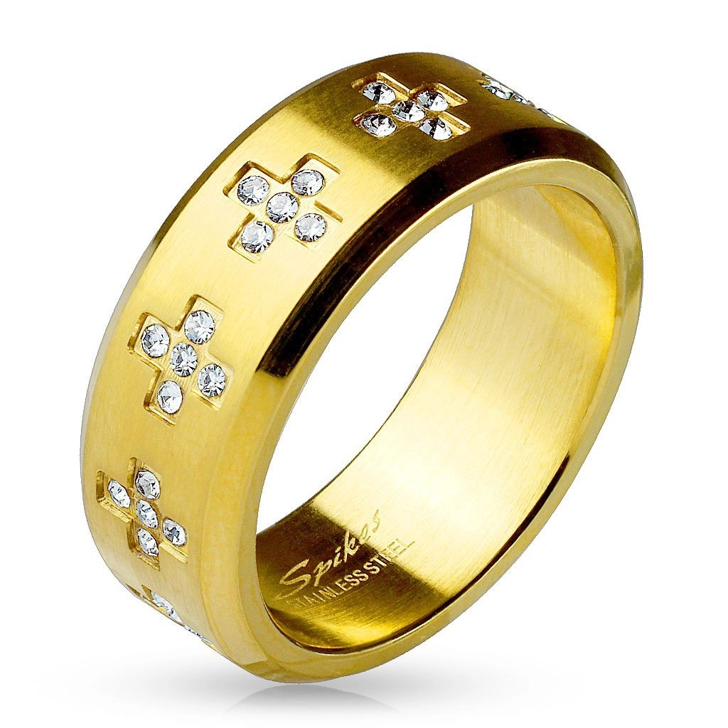 Prsteň z ocele 316L zlatej farby, číre zirkónové krížiky po obvode, 8 mm - Veľkosť: 63 mm