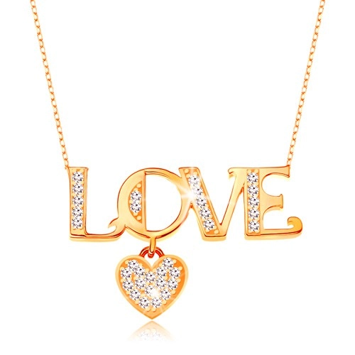 Ligotavý zlatý náhrdelník 375 - retiazka z oválnych očiek, nápis LOVE a srdiečko