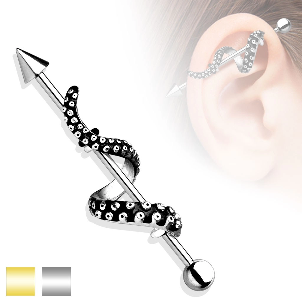 Piercing do ucha z ocele 316L - činka s guličkou a hrotom, rameno chobotnice - Farba piercing: Strieborná