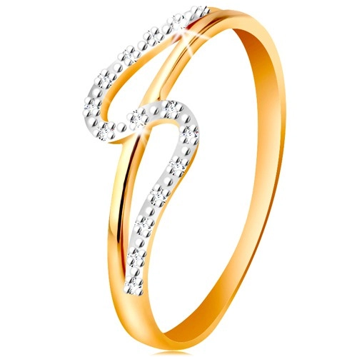 Diamantový prsteň zo 14K zlata, rovné a zvlnené rameno, drobné číre diamanty - Veľkosť: 54 mm