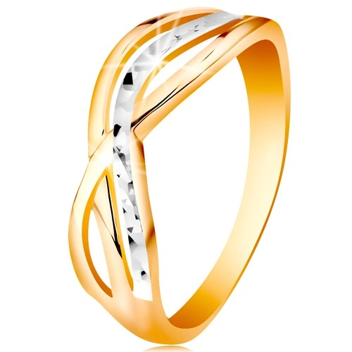 Dvojfarebný prsteň v 14K zlate - zvlnené a rozvetvené línie ramien, ryhy - Veľkosť: 52 mm