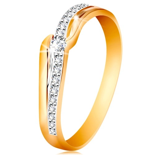 Ligotavý zlatý prsteň 585 - číry zirkón medzi koncami ramien, zirkónová vlnka - Veľkosť: 49 mm