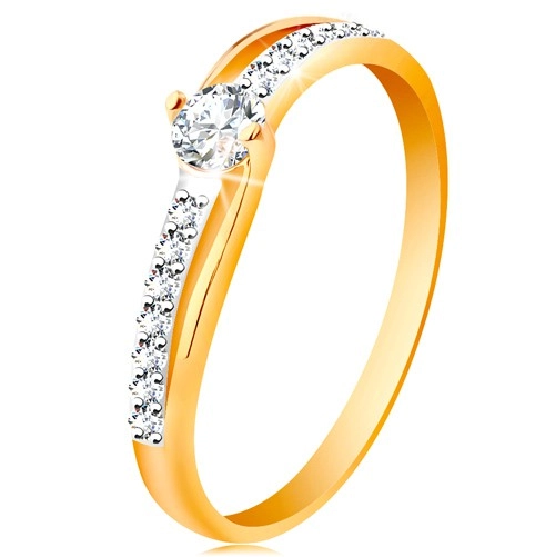 Zlatý prsteň 585 s rozdelenými dvojfarebnými ramenami, číre zirkóny - Veľkosť: 58 mm