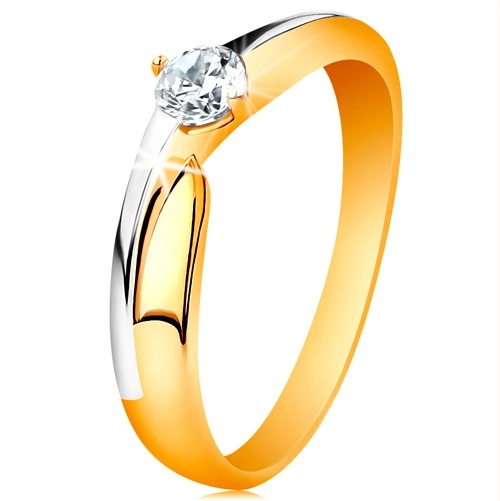 Prsteň zo 14K zlata - dvojfarebné ramená, ligotavý zirkón čírej farby - Veľkosť: 60 mm