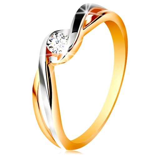 Zlatý prsteň 585 - dvojfarebné, rozdelené a zvlnené ramená, číry zirkón - Veľkosť: 51 mm