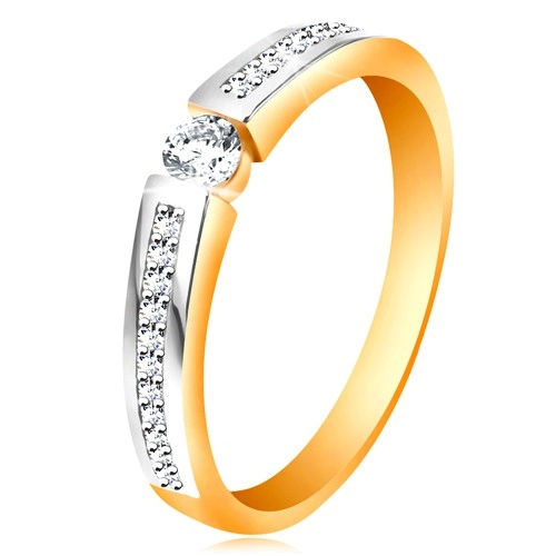 Zlatý 14K prsteň s lesklými dvojfarebnými ramenami, číre zirkóny - Veľkosť: 52 mm