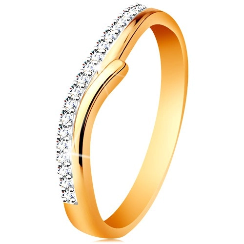 Zlatý 14K prsteň s rozdelenými dvojfarebnými ramenami, číre zirkóny - Veľkosť: 53 mm