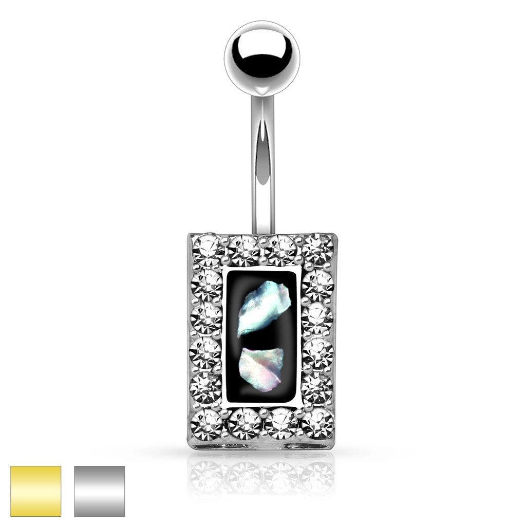 Oceľový piercing do brucha, čierny obdĺžnik s kúskami perlete, zirkónový lem - Farba piercing: Strieborná