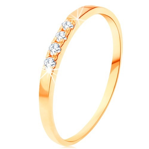 Zlatý prsteň 585 - línia štyroch čírych briliantov, tenké lesklé ramená - Veľkosť: 65 mm