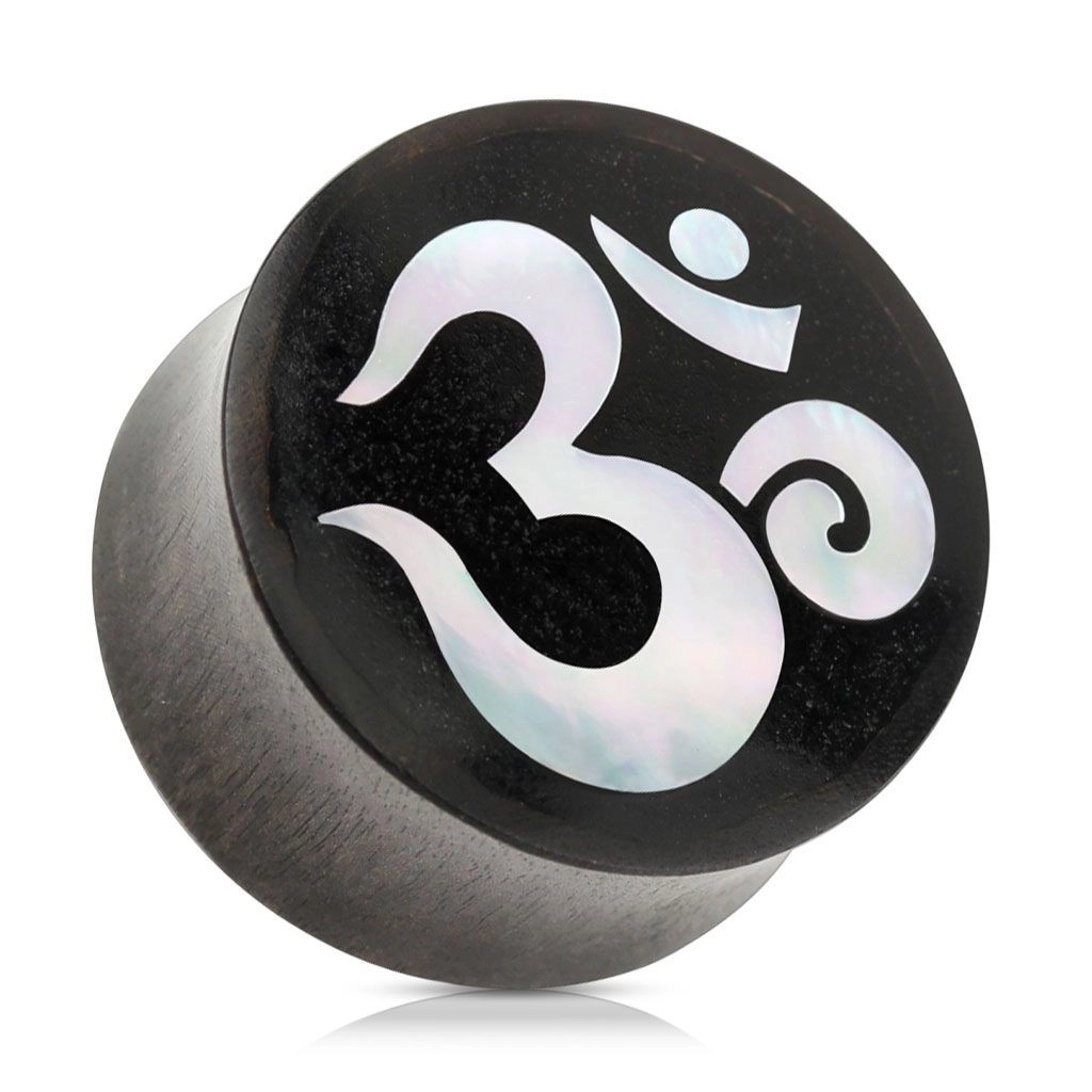 Sedlový plug do ucha z dreva čiernej farby, duchovný symbol jógy ÓM - Hrúbka: 22 mm