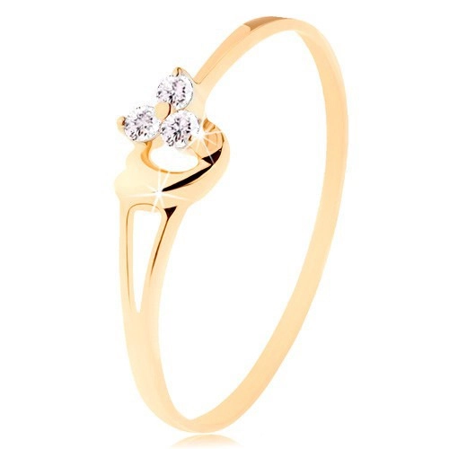Prsteň zo žltého 14K zlata - tri diamanty v jemnom ružovom odtieni, srdiečko - Veľkosť: 65 mm