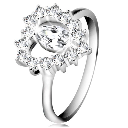 Strieborný 925 prsteň, brúsené zirkónové zrnko, srdcový obrys, číre zirkóny - Veľkosť: 52 mm