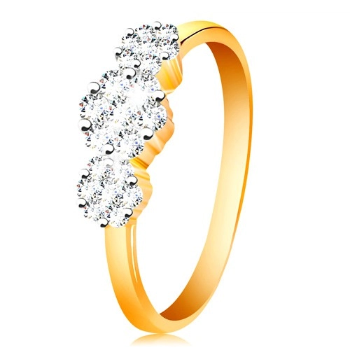 Zlatý prsteň 585 - tri ligotavé kvety z čírych zirkónov, tenké lesklé ramená - Veľkosť: 58 mm