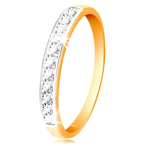 Zlatý 14K prsteň - ligotavý pás z čírych zirkónov s obrubou z bieleho zlata - Veľkosť: 54 mm