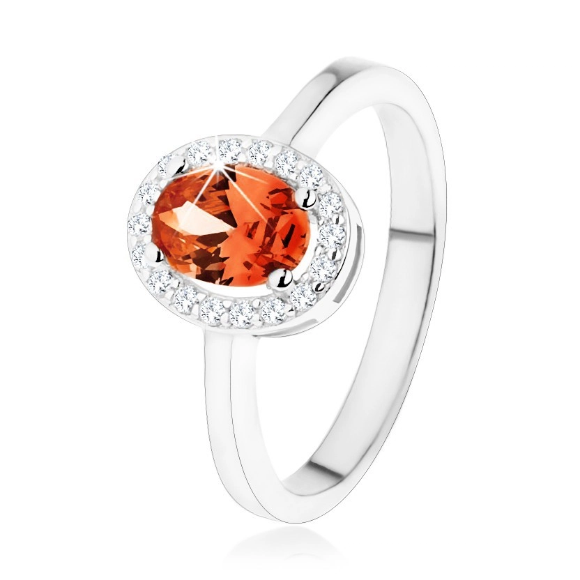 Strieborný prsteň 925, tmavo oranžový oválny zirkón, číry ligotavý lem - Veľkosť: 50 mm