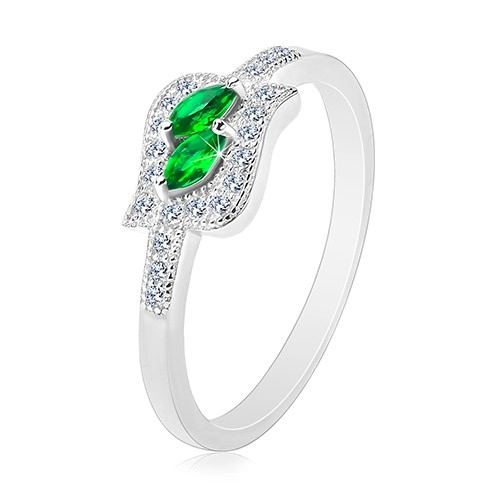 Strieborný 925 prsteň, zelené zirkónové zrnká v čírej kontúre, ródiovaný - Veľkosť: 62 mm