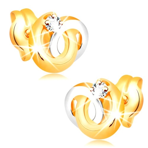 Náušnice v 14K zlate - dvojfarebné prepojené prstence, žiarivý číry briliant
