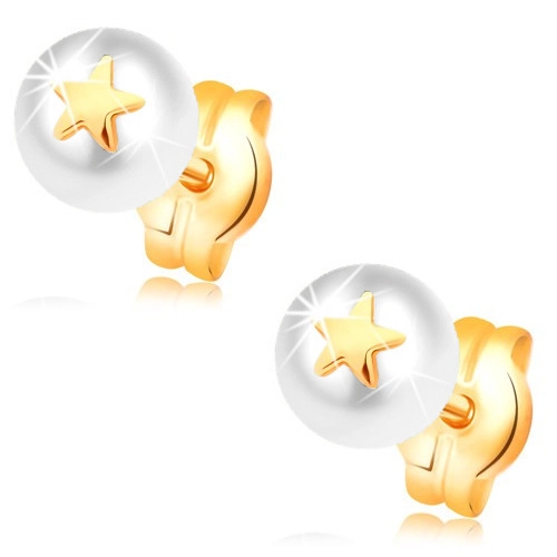 Náušnice zo žltého 14K zlata -  biela perla s malou lesklou hviezdičkou