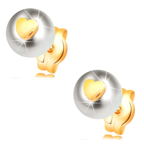 Zlaté náušnice 585 - biela perla s lesklým súmerným srdiečkom